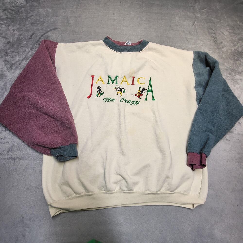 Vintage Jamaica Me Crazy Sweatshirt Mens Medium Cream Colorblock Embroidered 90s